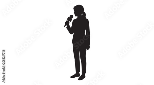 Schilderij op canvas Woman Holding Microphone Black Silhouette Against White Background
