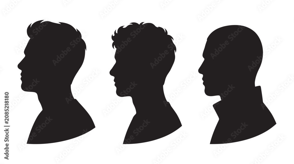 Fototapeta premium Three Male Profile Silhouettes Against White Background Black Silhouette
