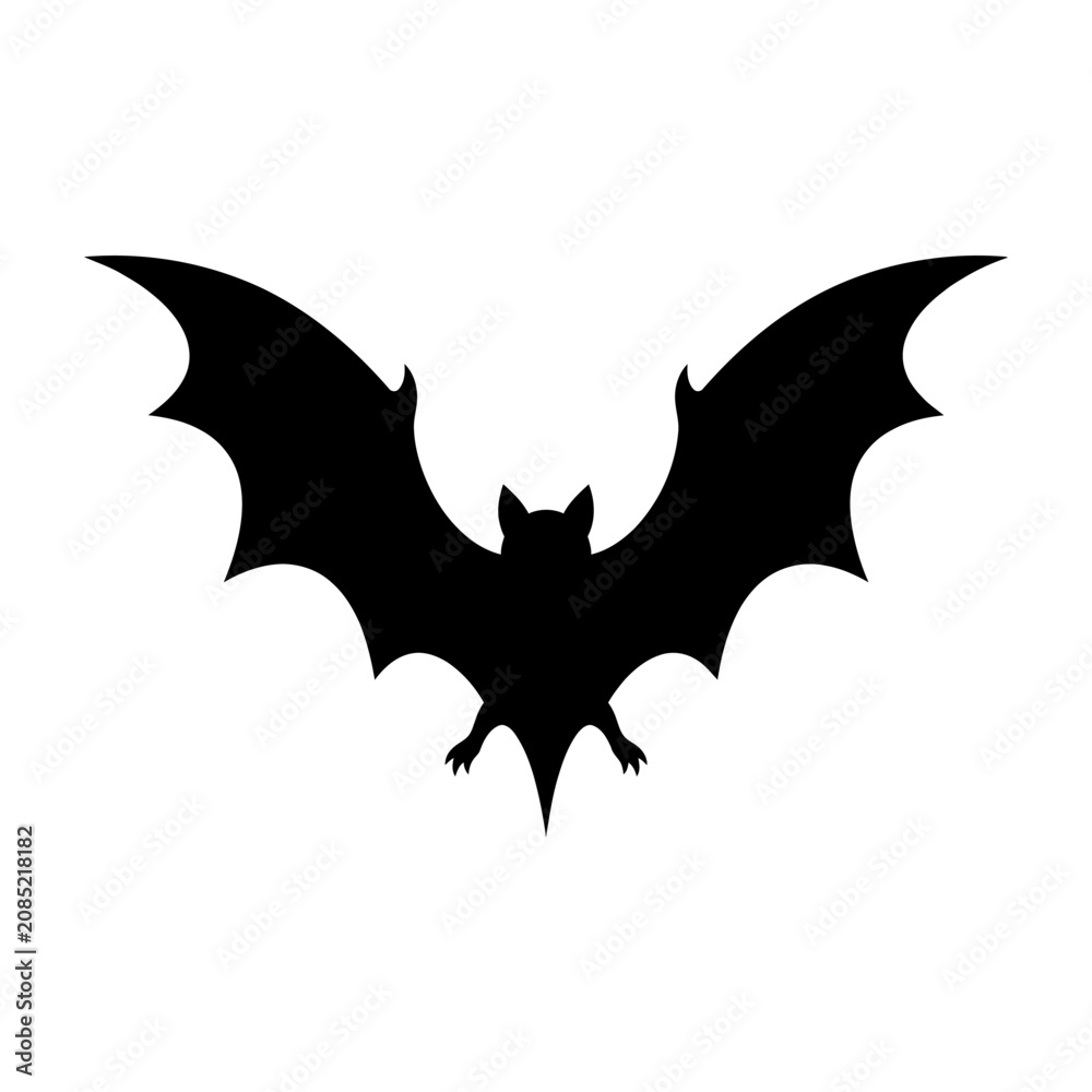 Fototapeta premium Black bat icon, flying bat silhouette, Halloween symbol, vector illustration isolated on White Background
