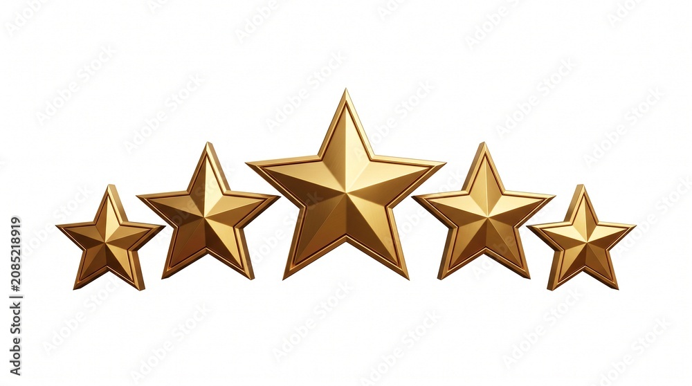 Fototapeta premium Five shiny golden three-dimensional stars arranged in a row on a white background, symbolizing a top rating or excellence.