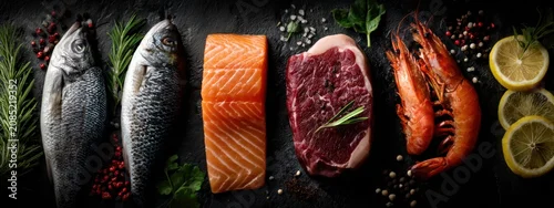 Panel kuchenny z motywem Fresh seafood assortment featuring whole fish, salmon fillet, beef steak, shrimp, and lemon slices arranged on a dark stone surface with herbs and spices