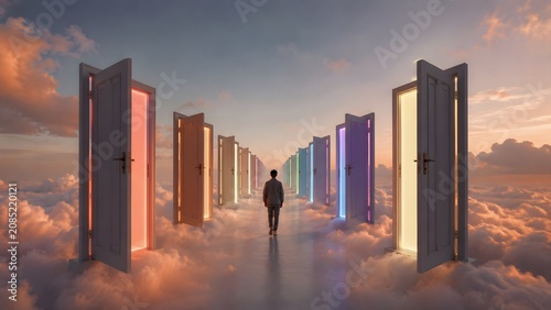 Man walking down a pathway of colorful glowing open doors floating above the clouds
