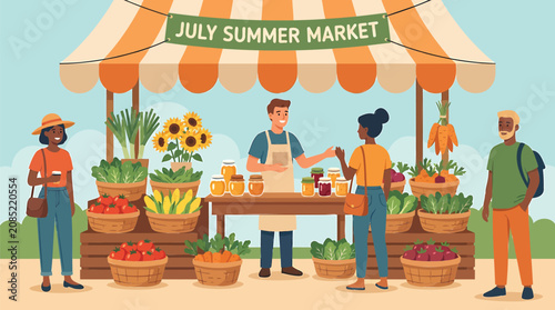 Vibrant outdoor July summer market scene with diverse people buying fresh organic produce, fruits, vegetables, and local goods from a friendly vendor