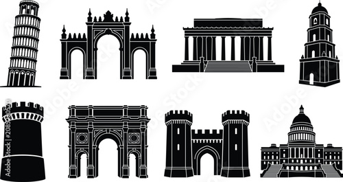 Bild auf Leinwand Architectural landmarks silhouette vector set featuring Leaning Tower of Pisa, t
