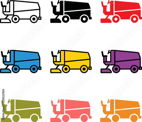 Bild auf Leinwand Colorful street sweeper vehicle icons in various colors on white background