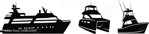 Fotografía Luxury motor yachts and catamaran boat black silhouettes set isolated on white b