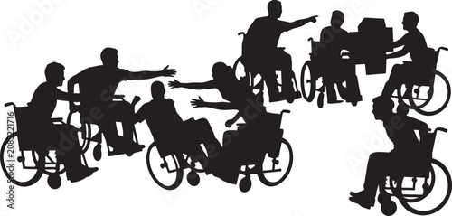 Black silhouettes of people in wheelchairs, disabled individuals, accessibility icons, inclusion graphics, diversity symbols