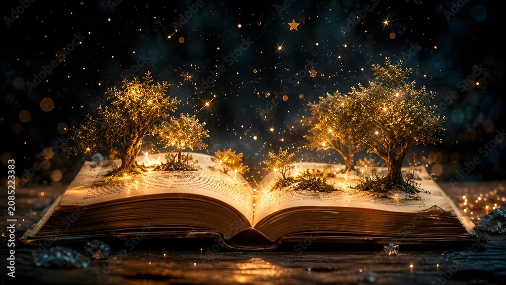 Fototapeta premium Magical scene of glowing trees growing out of an open book in a dark mystical environment with sparkling stars and lights floating around teachers day