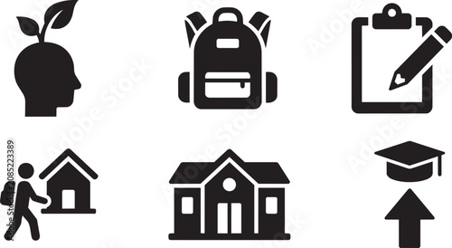 School Education and Student Learning Icon Set. School Backpack, Graduation Cap, Learning Growth, and Clipboard Exam Glyphs.