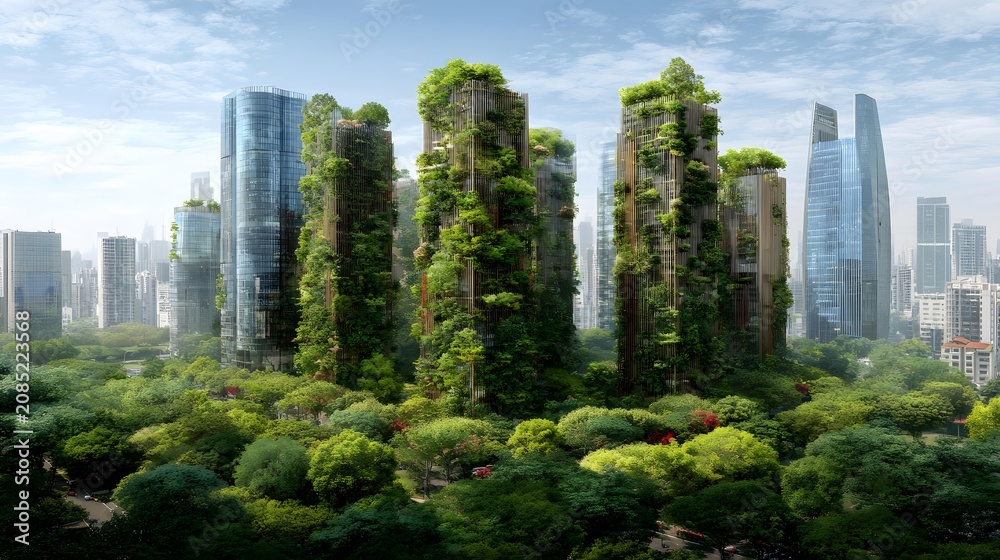 Fototapeta premium forest skyscrapers rising above a smart city, sustainable architecture, lush greenery and modern urban design
