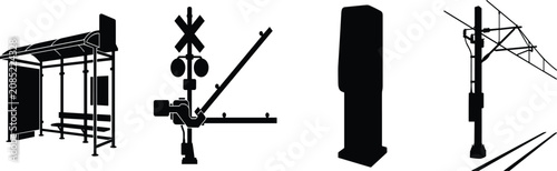 Fotografie Railway and public transit infrastructure icons featuring bus shelter level cros