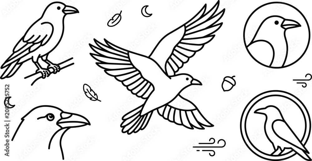 Fototapeta premium Raven and Crow Bird Vector Illustration Set with Flying Wildlife Animal Logotype Symbols