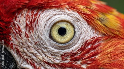 Creative Vibrant parrot eye, colorful bird gaze, red orange feathers, wildlife close-up, exotic animal 2k