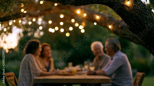 Cozy family dinner in the backyard garden under warm glowing string lights bokeh background