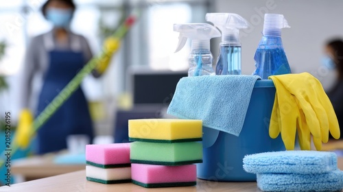Cleaning supplies and masked workers in an office setting