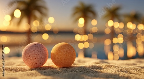 Two bath bombs rest on sandy beach with warm sunset glow