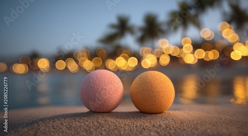 Two textured spheres sit on a sandy surface with bokeh lights and palm trees