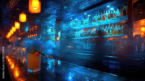 Dimly lit bar with glowing bottles and a cocktail