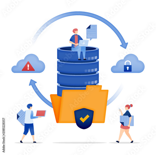 Databases in secure protected folders with cloud network for company purposes, flat illustration vector design for business data security concept