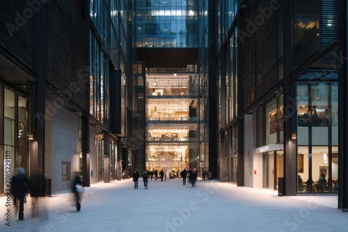 Modern urban courtyard lined with glass buildings, lit by ambient indoor lights