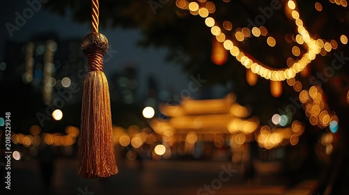 Tassel decoration hangs before blurred, glowing festive lights and architecture