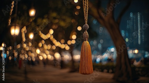 Golden tassel dangles against a bokeh-filled urban night with lights