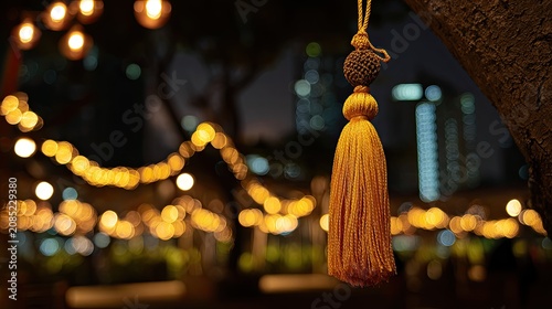 Ornate tassel hangs from a tree branch against a bokeh backdrop of lights