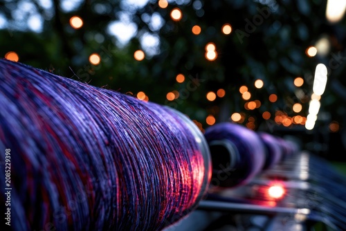 Close-up of purple and red thread spools in a row, bokeh lights