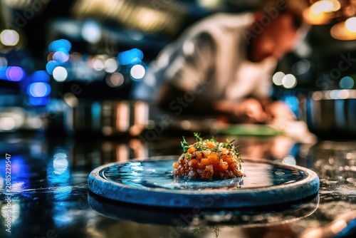 Gourmet dish prepared by chef in a dimly lit restaurant kitchen