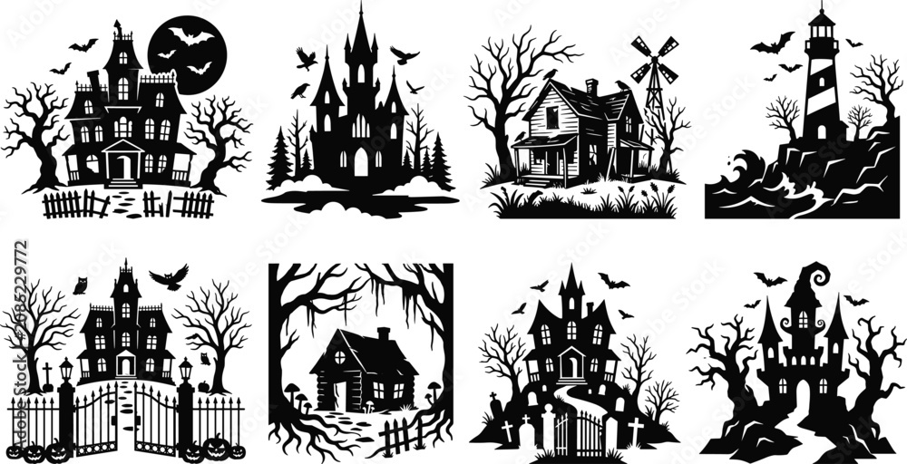 Obraz premium Halloween haunted house silhouette vector set featuring spooky castles, eerie mansions, creepy cabins, lighthouses, and gothic forest scenes