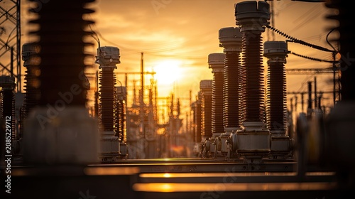 Electrical substation with insulators and power lines at sunset (1)