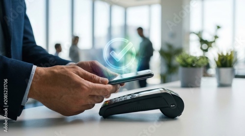 Contactless Payment: A close-up shot of a person holding a smartphone over a payment terminal, with a digital confirmation icon glowing above the phone, signifying a seamless and modern transaction.