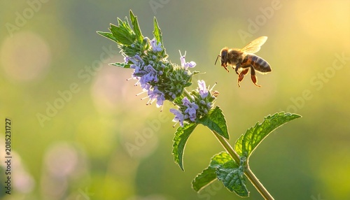 Bumblebee pollinating purple lavender flowers in garden.