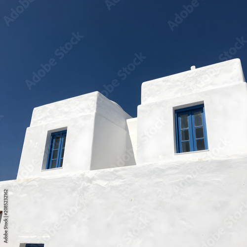 Traditional white cubic buildings stand against a deep blue sky on a serene Greek island landscape.