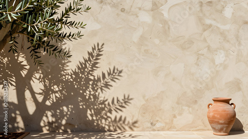 Rustic Mediterranean Home Exterior Wall Design Featuring an Olive Tree Shadow and Clay Pot