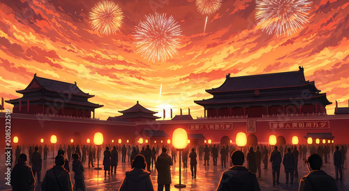 Silhouettes of People Watching Vibrant Fireworks Over Traditional Chinese Architecture at Sunset