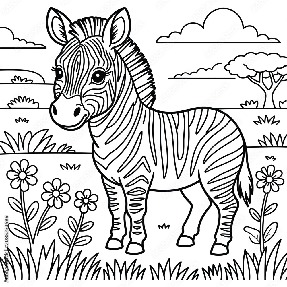 Obraz premium Adorable baby zebra standing in a field of wildflowers, ready for coloring