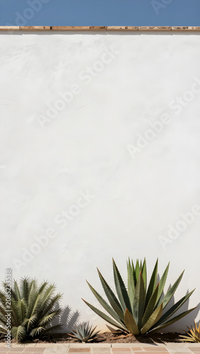 Modern minimalist white-washed exterior wall with lush green plants in a serene Mediterranean-inspired architectural style
