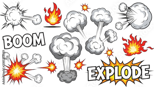 Foto Explosion effects with boom and explode illustrations