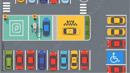 Obraz na płótnie Vehicles are parked in rows alongside a charging station on a gray urban road
