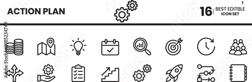 Action plan icon set. Editable line icons. Vector illustration.  Action plan icon set editable business and strategy icons