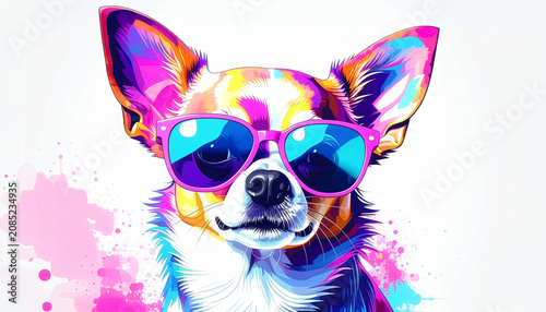 Colorful chihuahua wearing sunglasses with splash art background