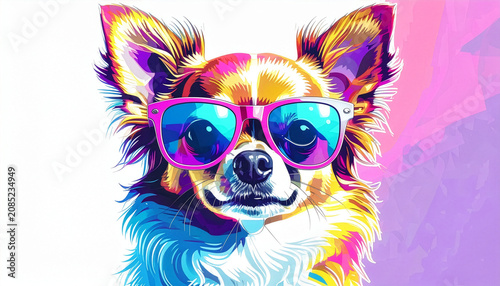 Colorful chihuahua dog wearing sunglasses on pink background