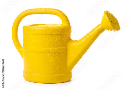 Bright yellow watering can with water droplets isolated isolated on white background