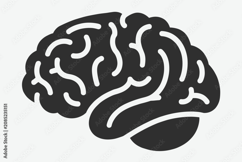 Fototapeta premium Simple black silhouette icon of a human brain is shown from a side view against a light background for medical and cognitive concepts.