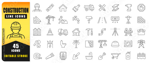 Construction Line Icon Set Featuring Essential Building, Engineering, And Contractor Symbols. Clean Editable Stroke Vector Collection Perfect For Architecture, Industrial Projects, Safety, UI, Apps