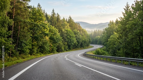 Scenic empty winding highway curving through a lush green forest at sunrise