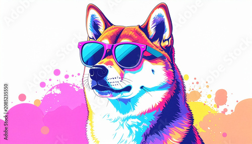 Colorful shiba inu dog wearing sunglasses with paint splashes