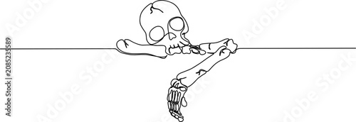 Foto Minimalist skeleton hanging from edge, line art illustration