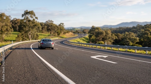 Grey car driving on a scenic winding country highway with clear road markings